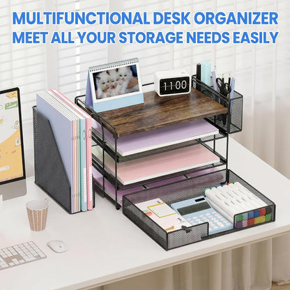 Desk Organizers and Accessories, 4-Tier Desktop File Organizer with Drawer and Pen Holders, Office Desk Accessories Workspace Organizers for Office Supplies (Gold)