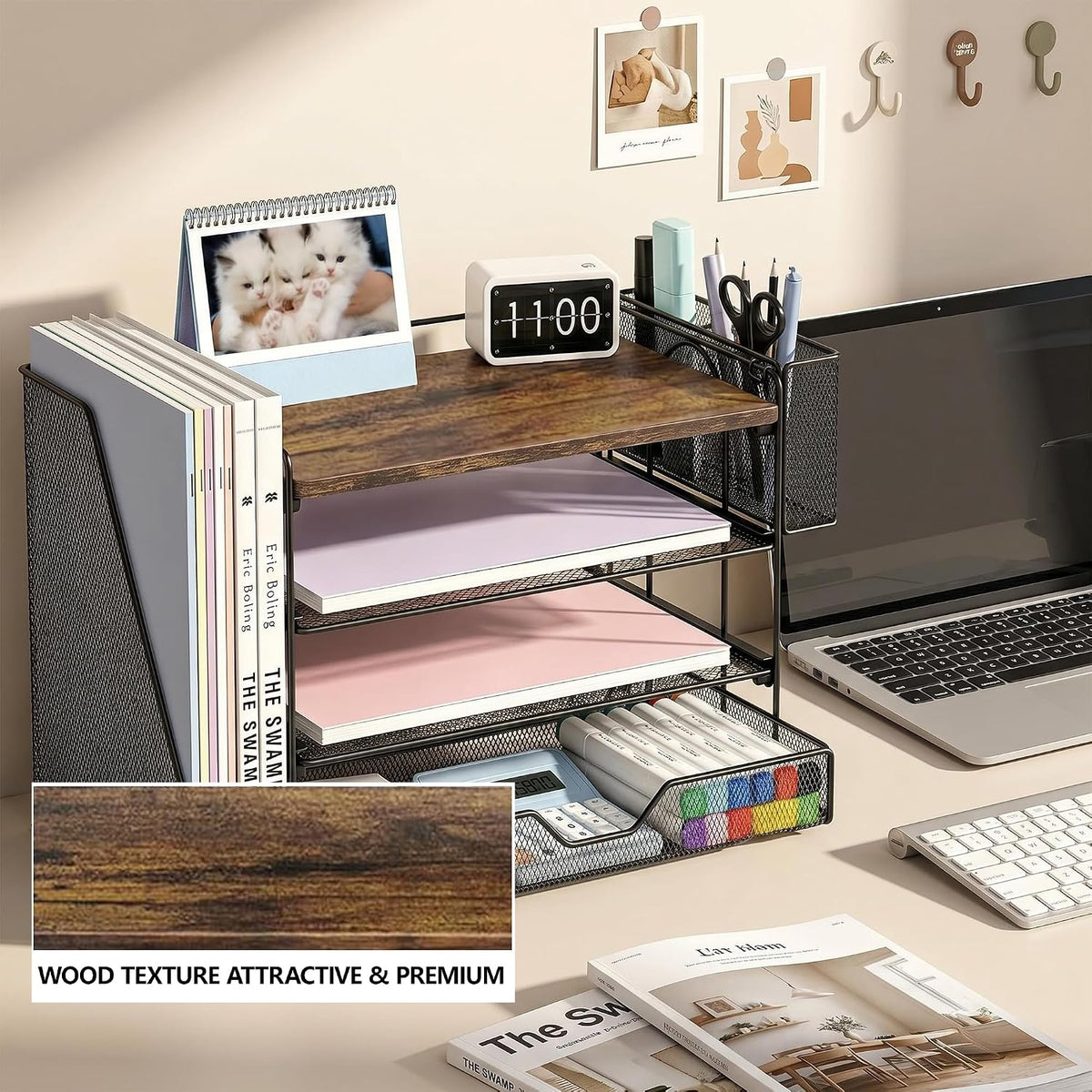 Desk Organizers and Accessories, 4-Tier Desktop File Organizer with Drawer and Pen Holders, Office Desk Accessories Workspace Organizers for Office Supplies (Gold)