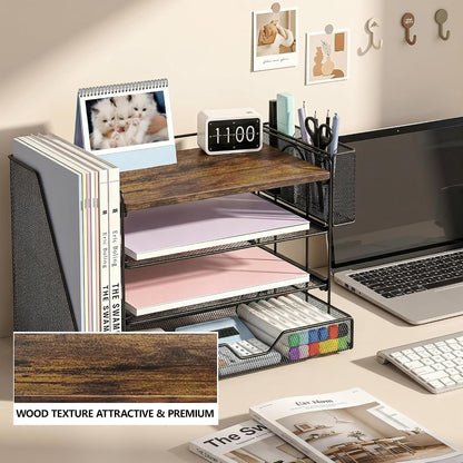 Desk Organizers and Accessories, 4-Tier Desktop File Organizer with Drawer and Pen Holders, Office Desk Accessories Workspace Organizers for Office Supplies (Gold)
