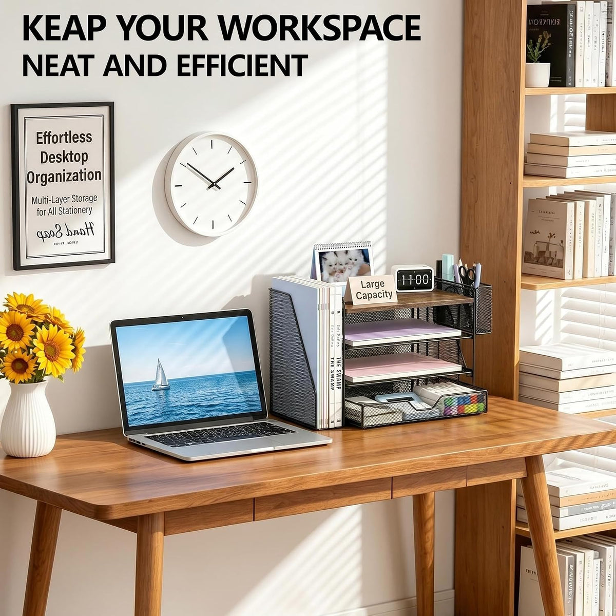 Desk Organizers and Accessories, 4-Tier Desktop File Organizer with Drawer and Pen Holders, Office Desk Accessories Workspace Organizers for Office Supplies (Gold)