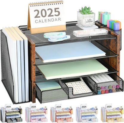 Desk Organizers and Accessories, 4-Tier Desktop File Organizer with Drawer and Pen Holders, Office Desk Accessories Workspace Organizers for Office Supplies (Gold)