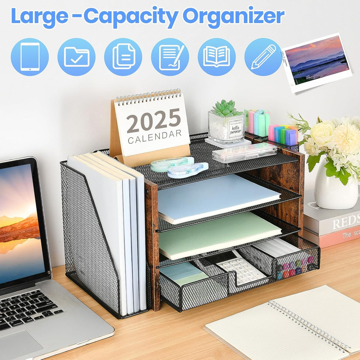 Desk Organizers and Accessories, 4-Tier Desktop File Organizer with Drawer and Pen Holders, Office Desk Accessories Workspace Organizers for Office Supplies (Gold)