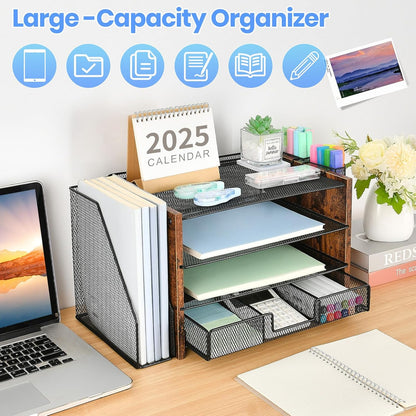Desk Organizers and Accessories, 4-Tier Desktop File Organizer with Drawer and Pen Holders, Office Desk Accessories Workspace Organizers for Office Supplies (Gold)