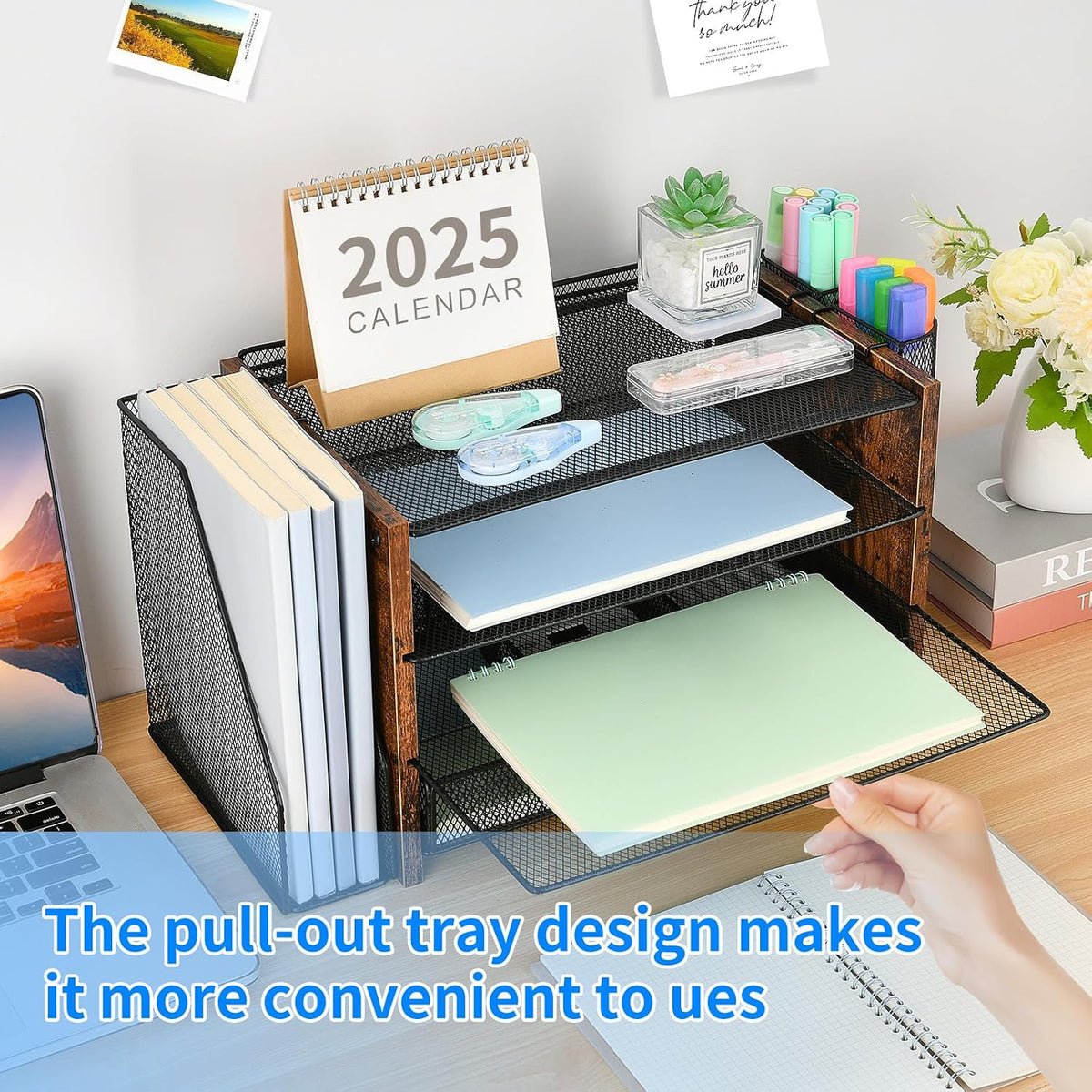 Desk Organizers and Accessories, 4-Tier Desktop File Organizer with Drawer and Pen Holders, Office Desk Accessories Workspace Organizers for Office Supplies (Gold)