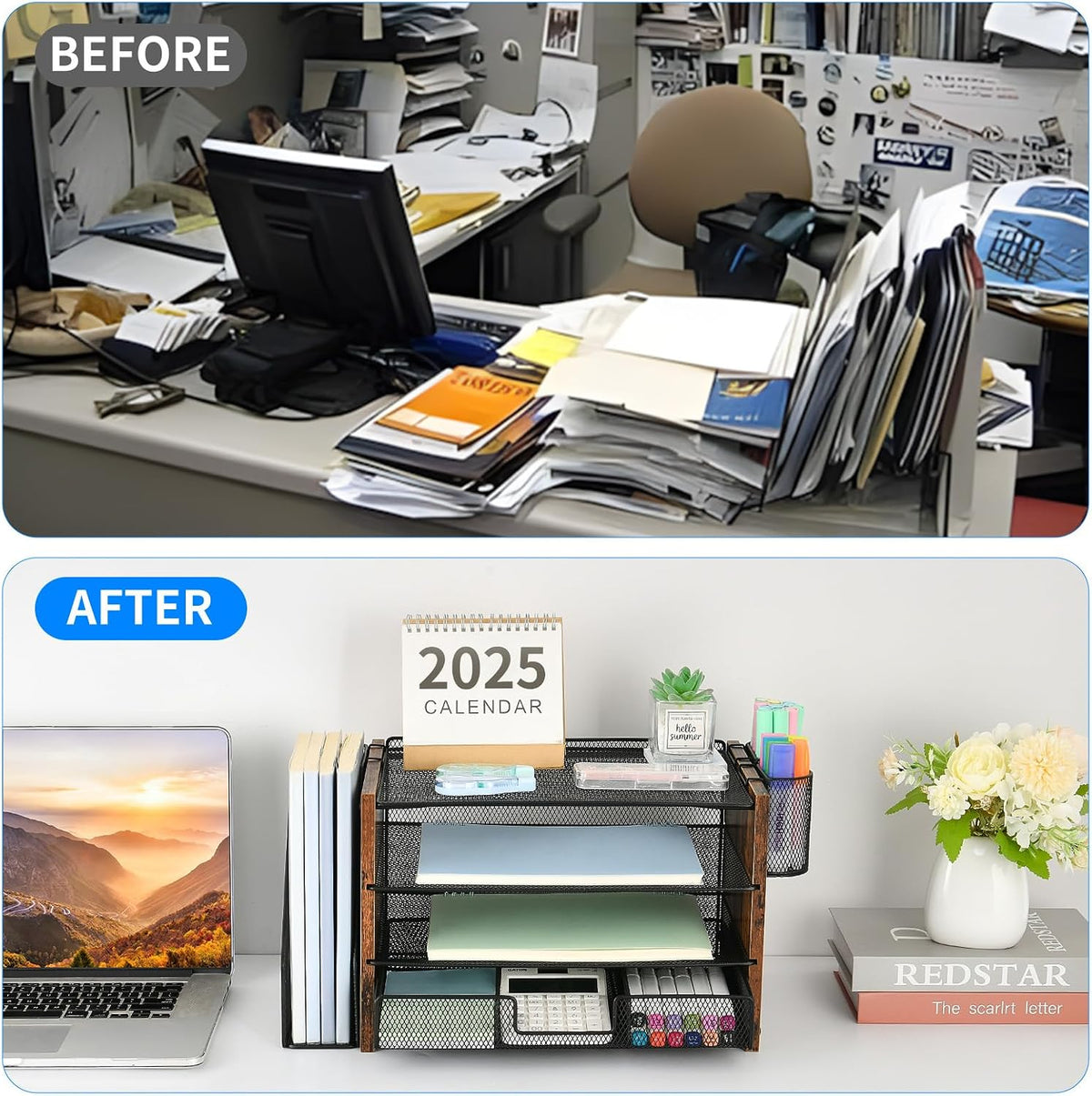 Desk Organizers and Accessories, 4-Tier Desktop File Organizer with Drawer and Pen Holders, Office Desk Accessories Workspace Organizers for Office Supplies (Gold)