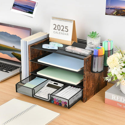 Desk Organizers and Accessories, 4-Tier Desktop File Organizer with Drawer and Pen Holders, Office Desk Accessories Workspace Organizers for Office Supplies (Gold)