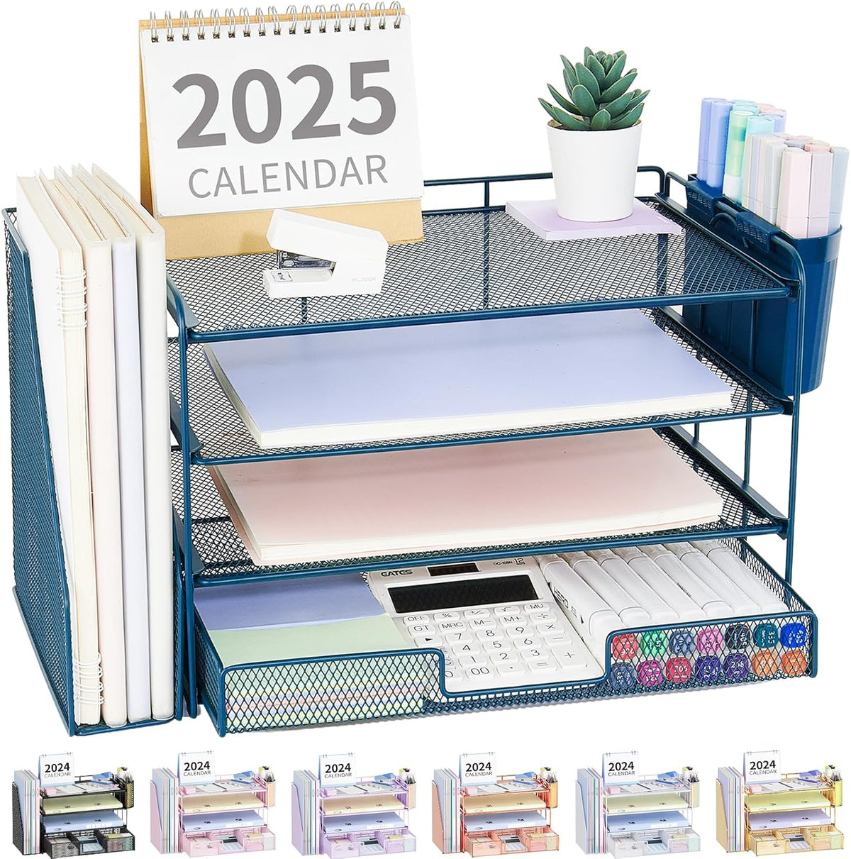 Desk Organizers and Accessories, 4-Tier Desktop File Organizer with Drawer and Pen Holders, Office Desk Accessories Workspace Organizers for Office Supplies (Gold)