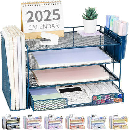 Desk Organizers and Accessories, 4-Tier Desktop File Organizer with Drawer and Pen Holders, Office Desk Accessories Workspace Organizers for Office Supplies (Gold)