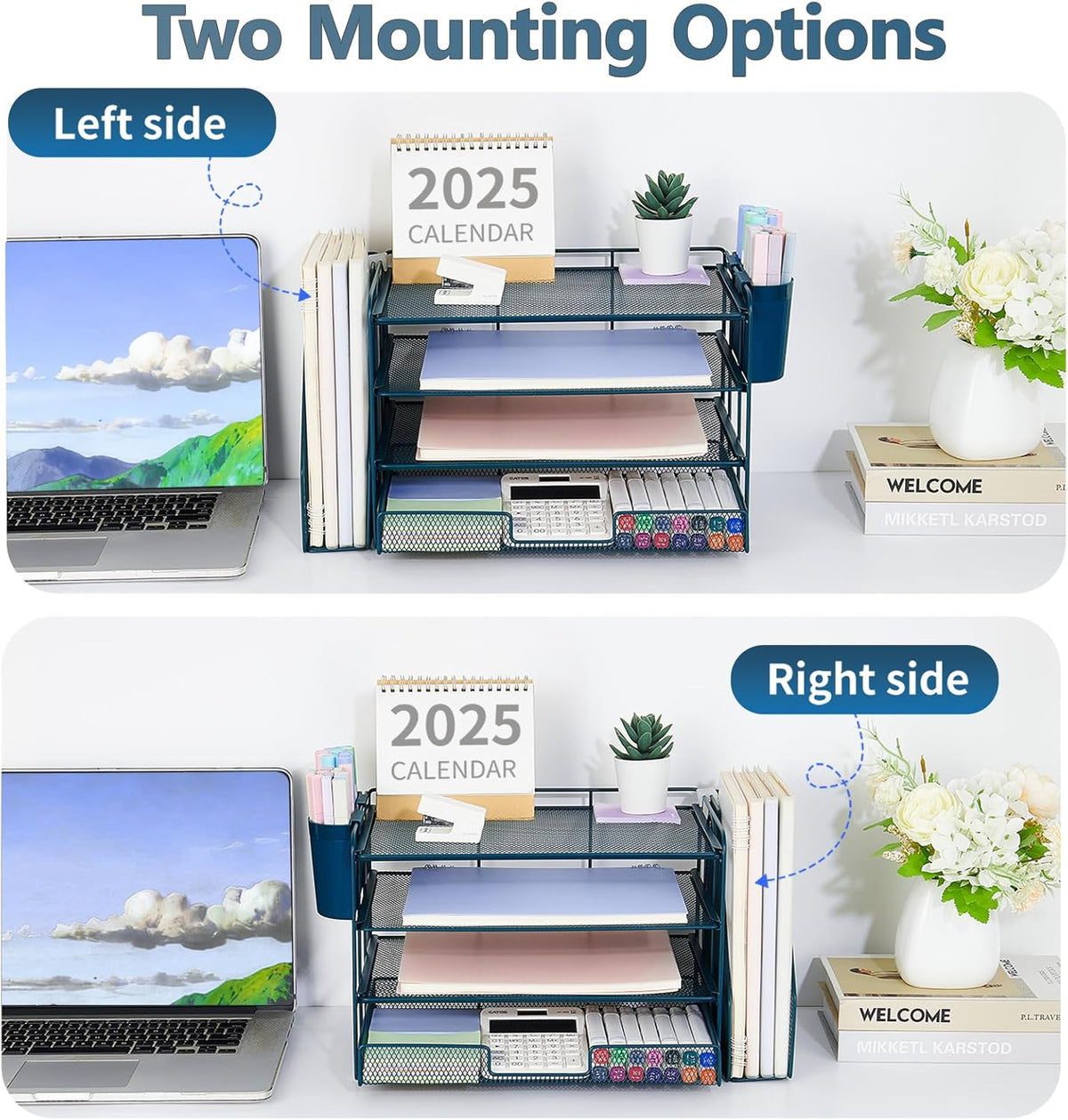 Desk Organizers and Accessories, 4-Tier Desktop File Organizer with Drawer and Pen Holders, Office Desk Accessories Workspace Organizers for Office Supplies (Gold)