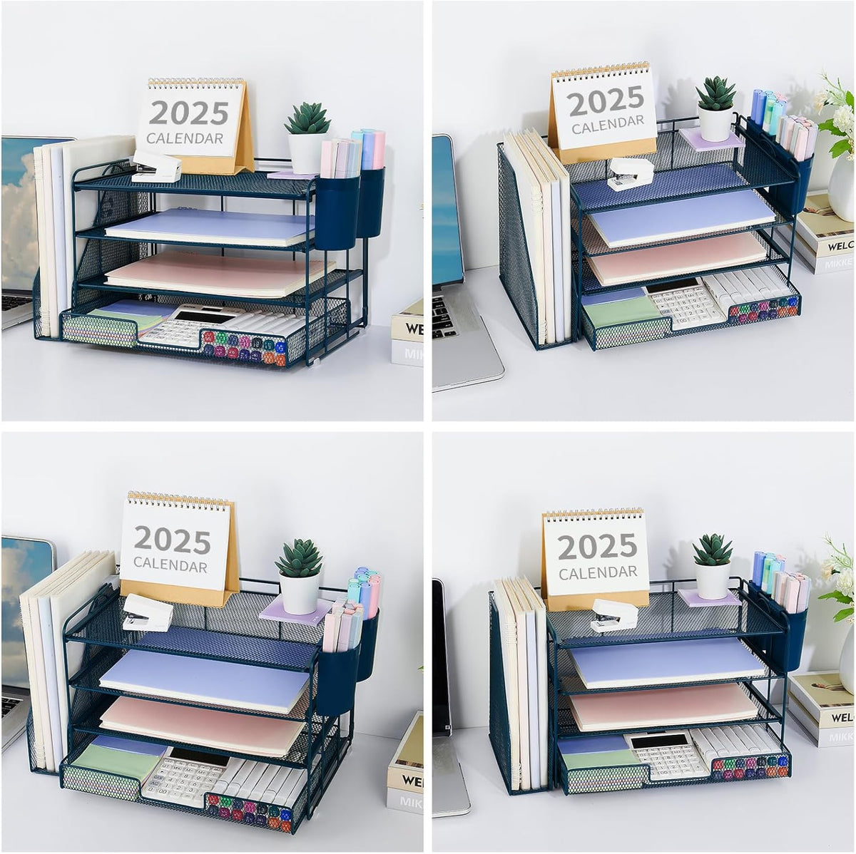 Desk Organizers and Accessories, 4-Tier Desktop File Organizer with Drawer and Pen Holders, Office Desk Accessories Workspace Organizers for Office Supplies (Gold)