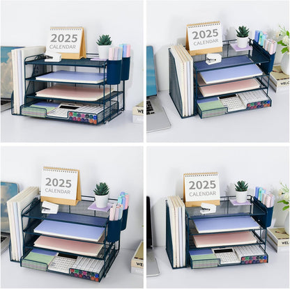 Desk Organizers and Accessories, 4-Tier Desktop File Organizer with Drawer and Pen Holders, Office Desk Accessories Workspace Organizers for Office Supplies (Gold)