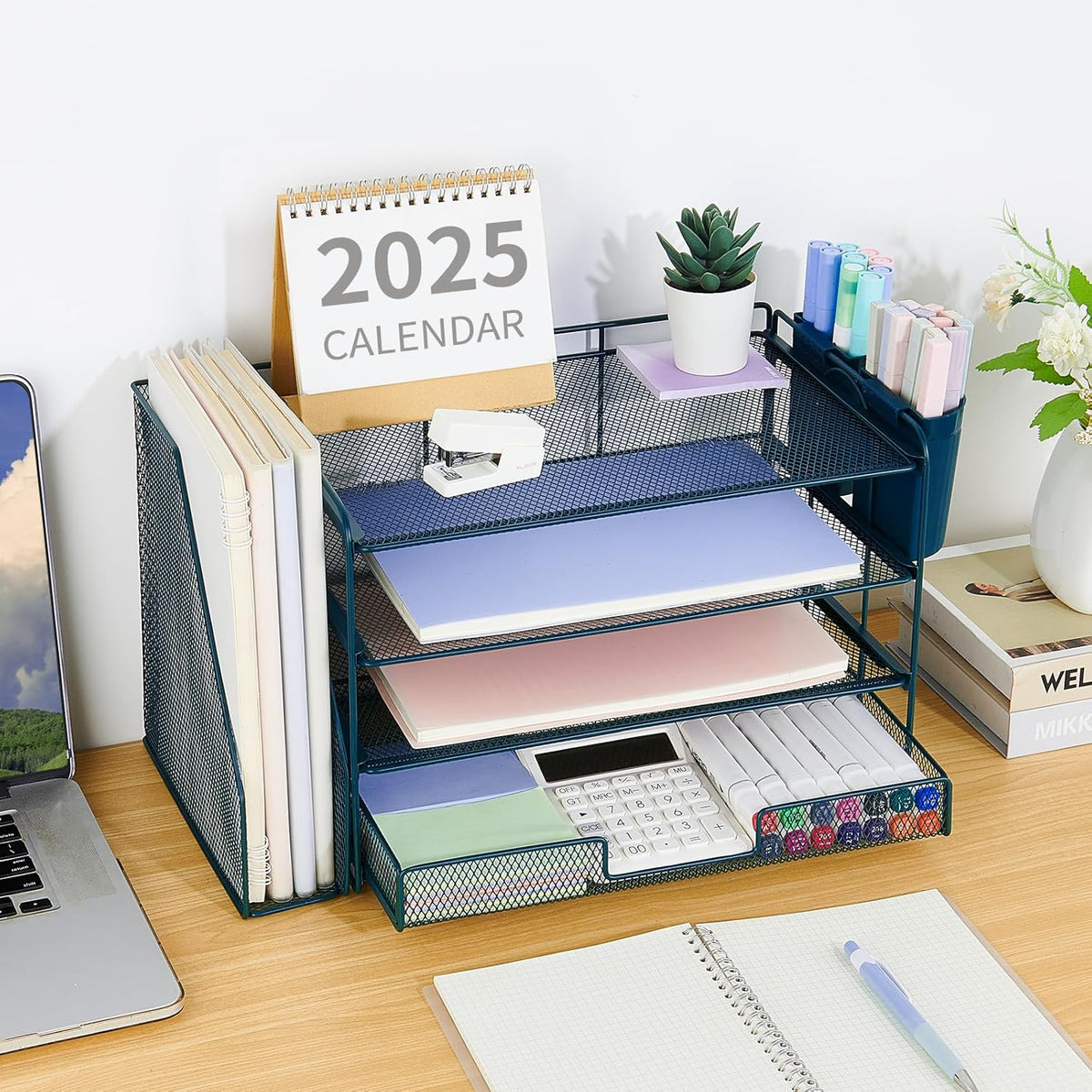 Desk Organizers and Accessories, 4-Tier Desktop File Organizer with Drawer and Pen Holders, Office Desk Accessories Workspace Organizers for Office Supplies (Gold)