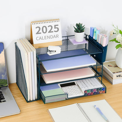 Desk Organizers and Accessories, 4-Tier Desktop File Organizer with Drawer and Pen Holders, Office Desk Accessories Workspace Organizers for Office Supplies (Gold)