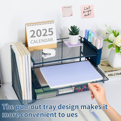 Desk Organizers and Accessories, 4-Tier Desktop File Organizer with Drawer and Pen Holders, Office Desk Accessories Workspace Organizers for Office Supplies (Gold)
