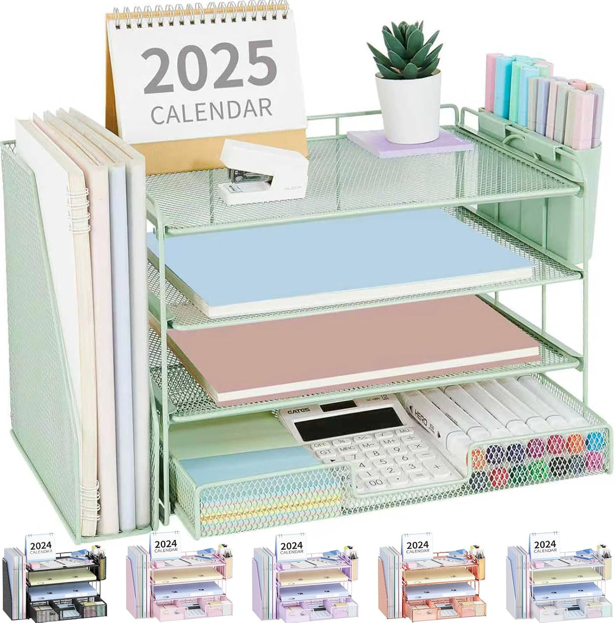 Desk Organizers and Accessories, 4-Tier Desktop File Organizer with Drawer and Pen Holders, Office Desk Accessories Workspace Organizers for Office Supplies (Gold)