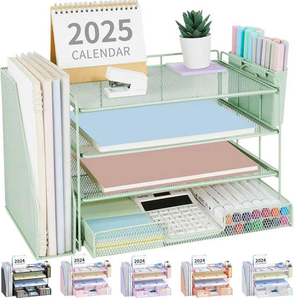 Desk Organizers and Accessories, 4-Tier Desktop File Organizer with Drawer and Pen Holders, Office Desk Accessories Workspace Organizers for Office Supplies (Gold)