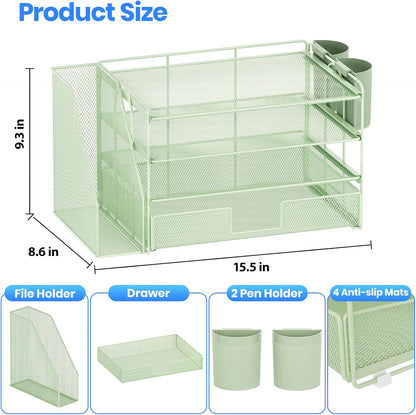 Desk Organizers and Accessories, 4-Tier Desktop File Organizer with Drawer and Pen Holders, Office Desk Accessories Workspace Organizers for Office Supplies (Gold)