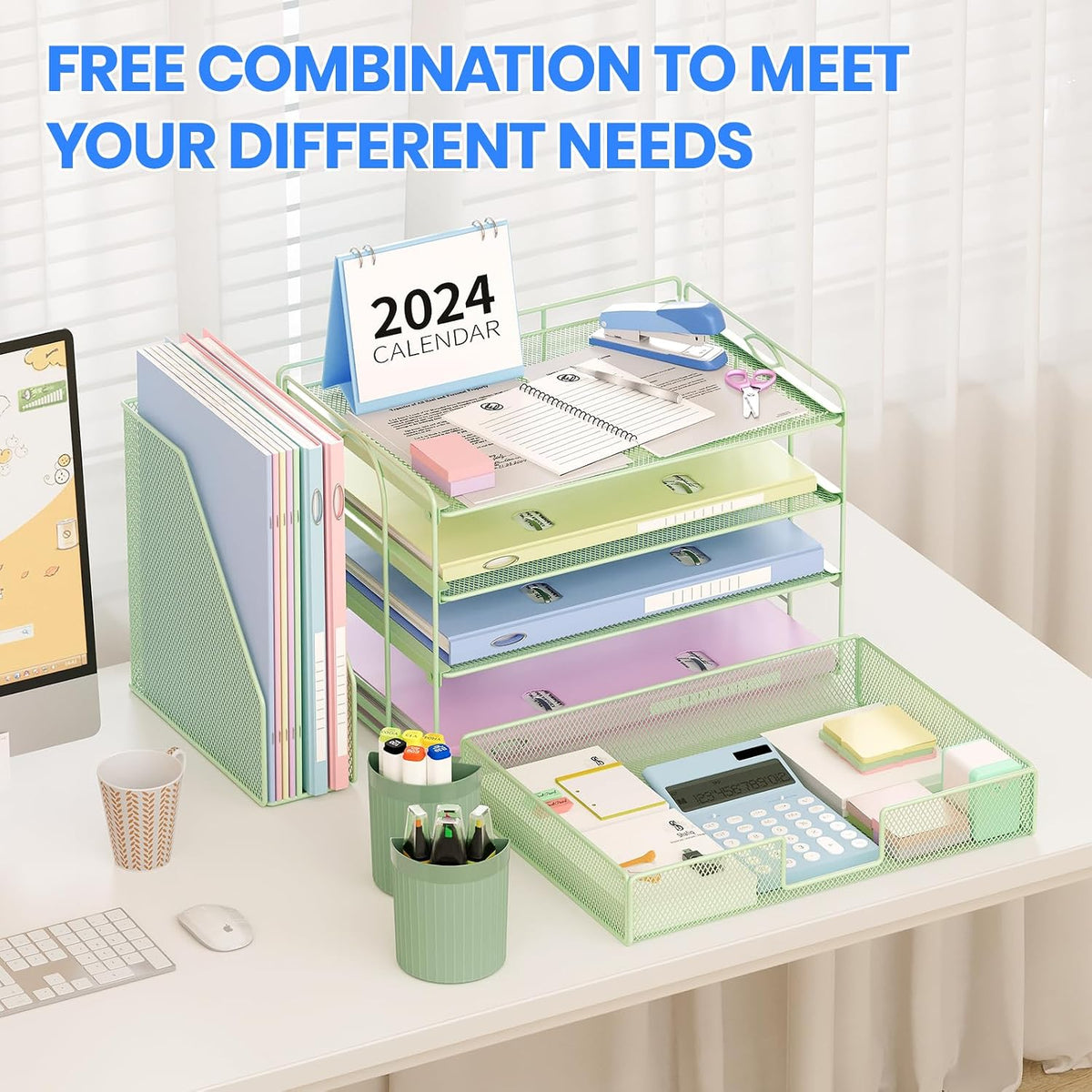 Desk Organizers and Accessories, 4-Tier Desktop File Organizer with Drawer and Pen Holders, Office Desk Accessories Workspace Organizers for Office Supplies (Gold)