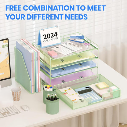 Desk Organizers and Accessories, 4-Tier Desktop File Organizer with Drawer and Pen Holders, Office Desk Accessories Workspace Organizers for Office Supplies (Gold)