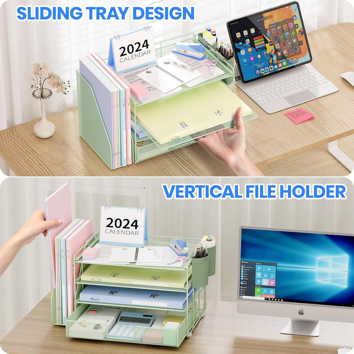 Desk Organizers and Accessories, 4-Tier Desktop File Organizer with Drawer and Pen Holders, Office Desk Accessories Workspace Organizers for Office Supplies (Gold)