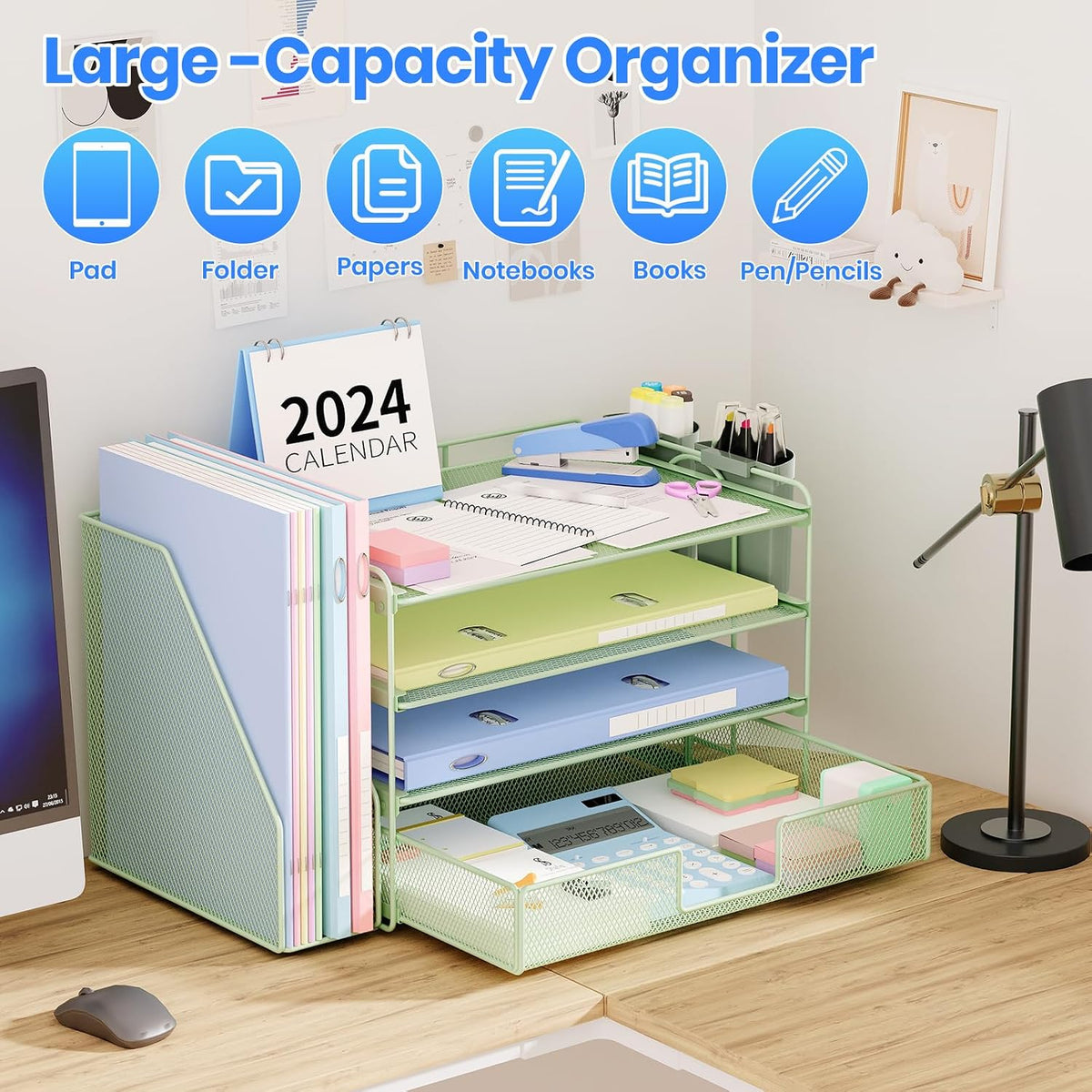 Desk Organizers and Accessories, 4-Tier Desktop File Organizer with Drawer and Pen Holders, Office Desk Accessories Workspace Organizers for Office Supplies (Gold)