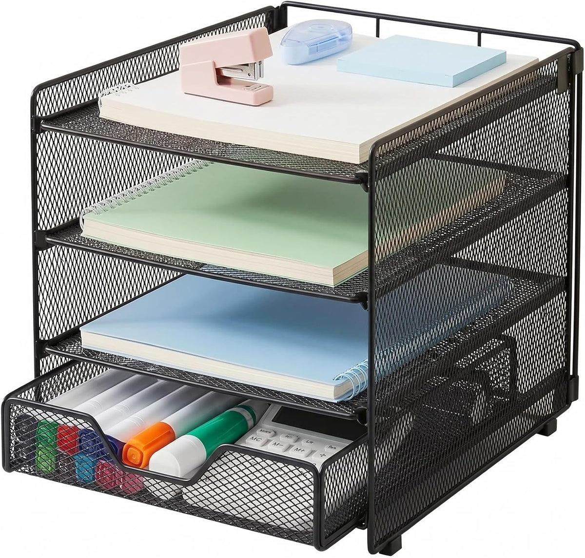 Desk Organizers and Accessories, 4-Tier Desktop File Organizer with Drawer and Pen Holders, Office Desk Accessories Workspace Organizers for Office Supplies (Gold)