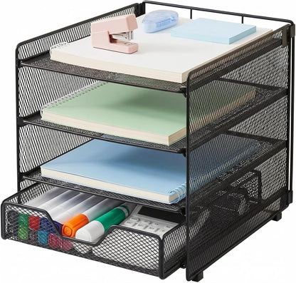 Desk Organizers and Accessories, 4-Tier Desktop File Organizer with Drawer and Pen Holders, Office Desk Accessories Workspace Organizers for Office Supplies (Gold)