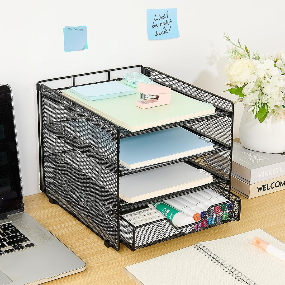 Desk Organizers and Accessories, 4-Tier Desktop File Organizer with Drawer and Pen Holders, Office Desk Accessories Workspace Organizers for Office Supplies (Gold)