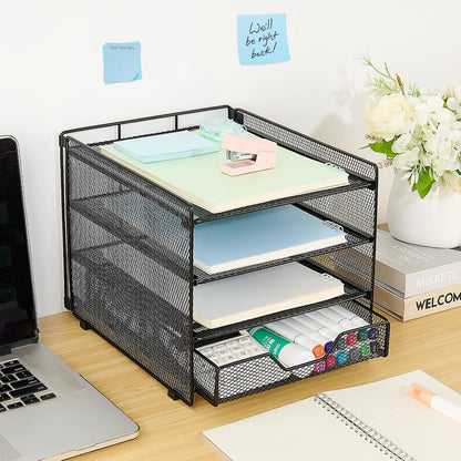 Desk Organizers and Accessories, 4-Tier Desktop File Organizer with Drawer and Pen Holders, Office Desk Accessories Workspace Organizers for Office Supplies (Gold)