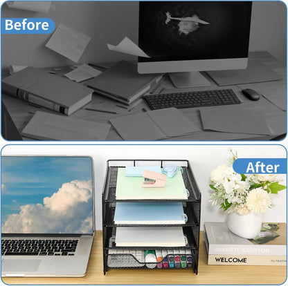 Desk Organizers and Accessories, 4-Tier Desktop File Organizer with Drawer and Pen Holders, Office Desk Accessories Workspace Organizers for Office Supplies (Gold)
