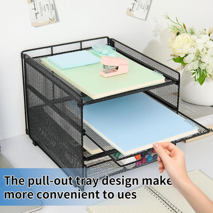 Desk Organizers and Accessories, 4-Tier Desktop File Organizer with Drawer and Pen Holders, Office Desk Accessories Workspace Organizers for Office Supplies (Gold)