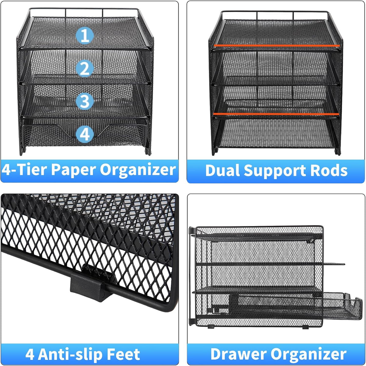 Desk Organizers and Accessories, 4-Tier Desktop File Organizer with Drawer and Pen Holders, Office Desk Accessories Workspace Organizers for Office Supplies (Gold)