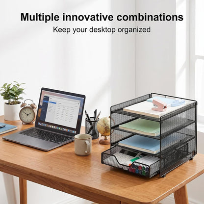 Desk Organizers and Accessories, 4-Tier Desktop File Organizer with Drawer and Pen Holders, Office Desk Accessories Workspace Organizers for Office Supplies (Gold)