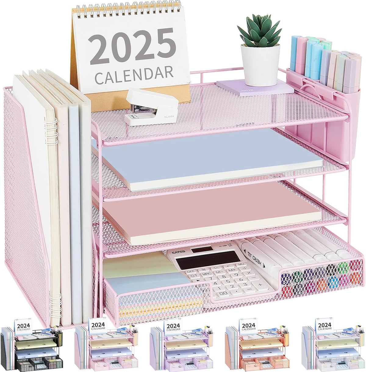 Desk Organizers and Accessories, 4-Tier Desktop File Organizer with Drawer and Pen Holders, Office Desk Accessories Workspace Organizers for Office Supplies (Gold)