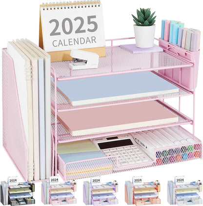 Desk Organizers and Accessories, 4-Tier Desktop File Organizer with Drawer and Pen Holders, Office Desk Accessories Workspace Organizers for Office Supplies (Gold)