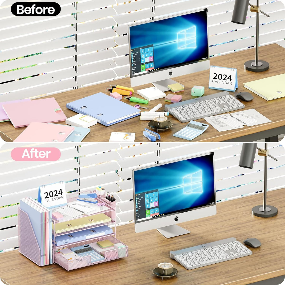 Desk Organizers and Accessories, 4-Tier Desktop File Organizer with Drawer and Pen Holders, Office Desk Accessories Workspace Organizers for Office Supplies (Gold)