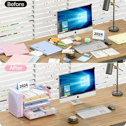 Desk Organizers and Accessories, 4-Tier Desktop File Organizer with Drawer and Pen Holders, Office Desk Accessories Workspace Organizers for Office Supplies (Gold)