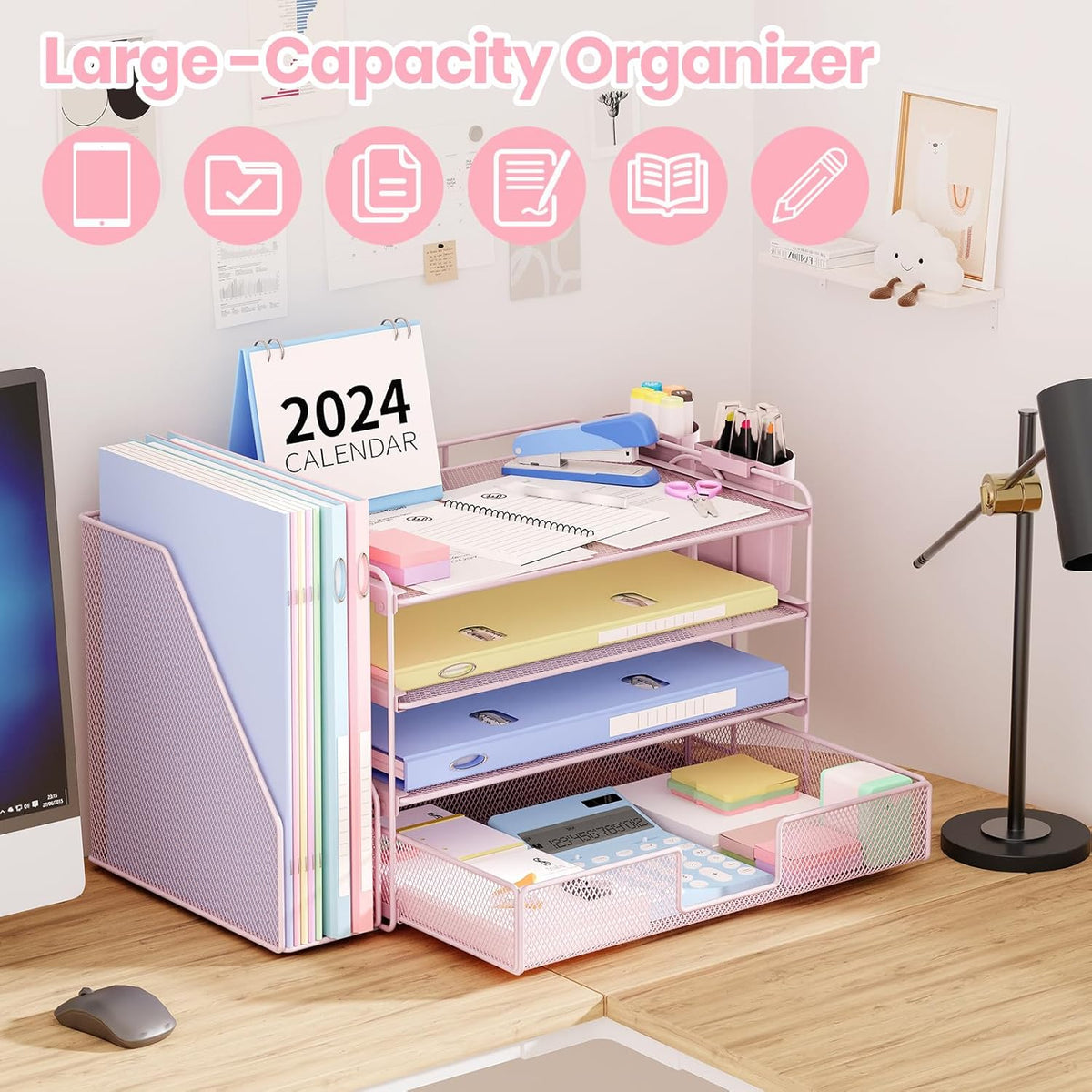 Desk Organizers and Accessories, 4-Tier Desktop File Organizer with Drawer and Pen Holders, Office Desk Accessories Workspace Organizers for Office Supplies (Gold)