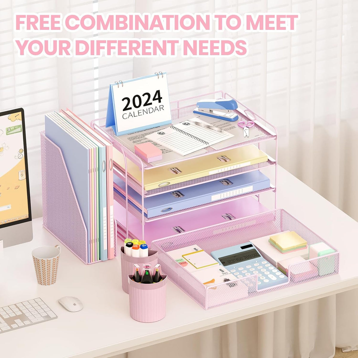 Desk Organizers and Accessories, 4-Tier Desktop File Organizer with Drawer and Pen Holders, Office Desk Accessories Workspace Organizers for Office Supplies (Gold)