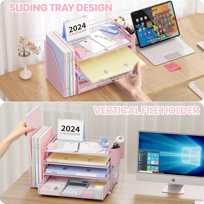 Desk Organizers and Accessories, 4-Tier Desktop File Organizer with Drawer and Pen Holders, Office Desk Accessories Workspace Organizers for Office Supplies (Gold)