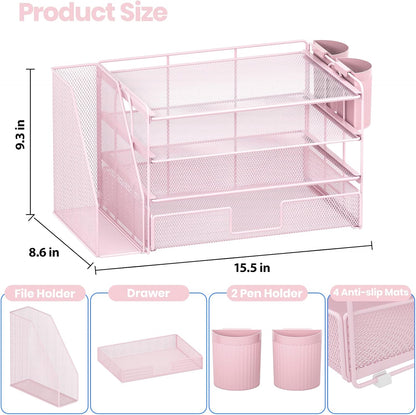 Desk Organizers and Accessories, 4-Tier Desktop File Organizer with Drawer and Pen Holders, Office Desk Accessories Workspace Organizers for Office Supplies (Gold)