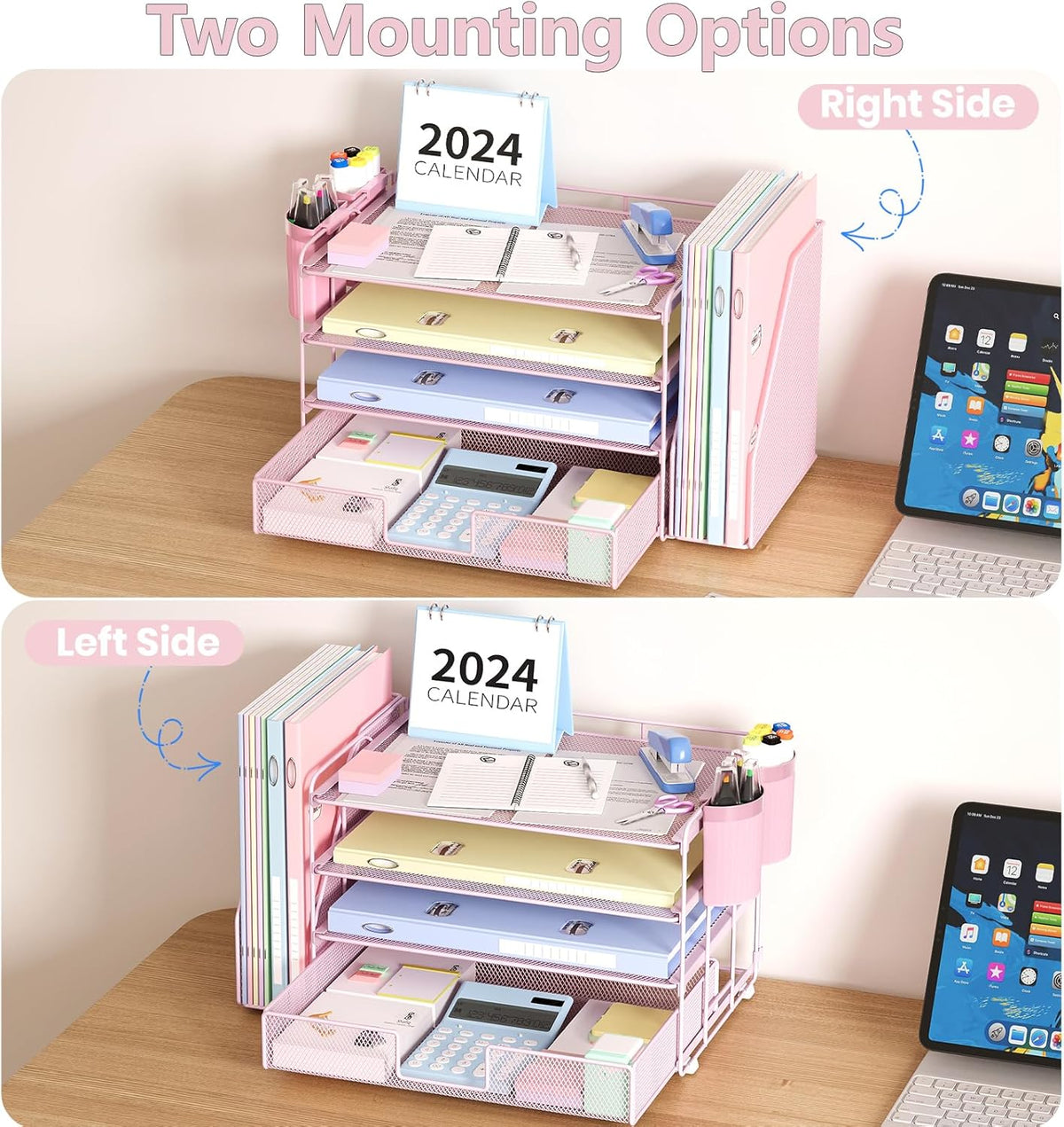 Desk Organizers and Accessories, 4-Tier Desktop File Organizer with Drawer and Pen Holders, Office Desk Accessories Workspace Organizers for Office Supplies (Gold)