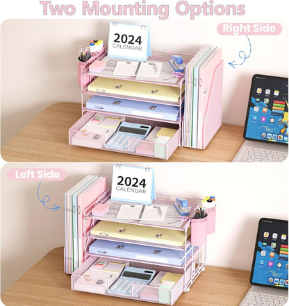 Desk Organizers and Accessories, 4-Tier Desktop File Organizer with Drawer and Pen Holders, Office Desk Accessories Workspace Organizers for Office Supplies (Gold)