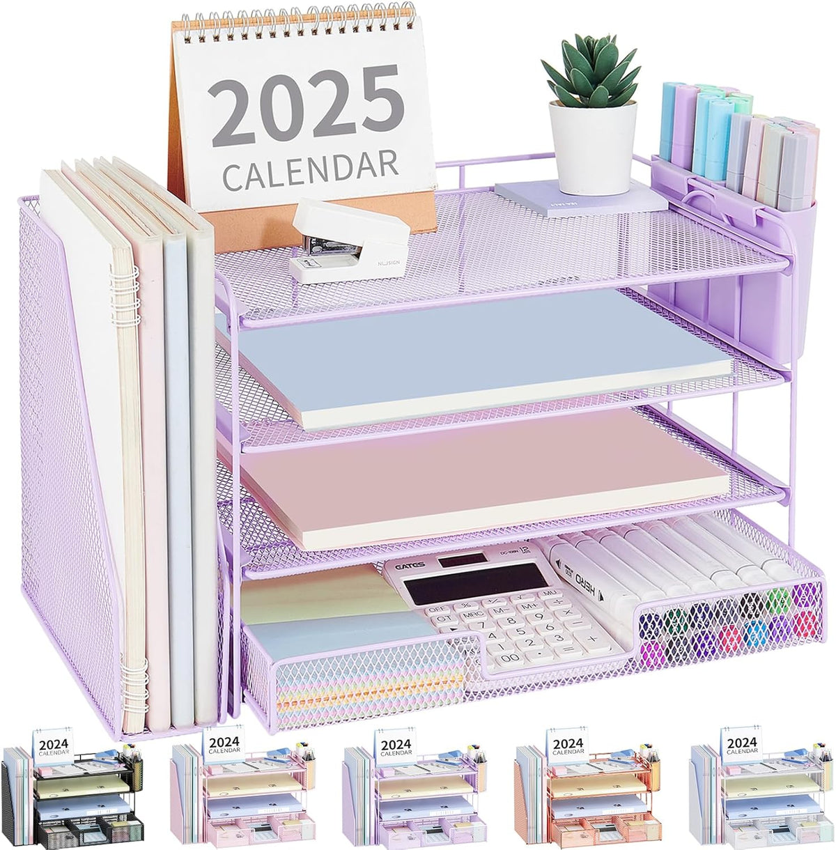 Desk Organizers and Accessories, 4-Tier Desktop File Organizer with Drawer and Pen Holders, Office Desk Accessories Workspace Organizers for Office Supplies (Gold)