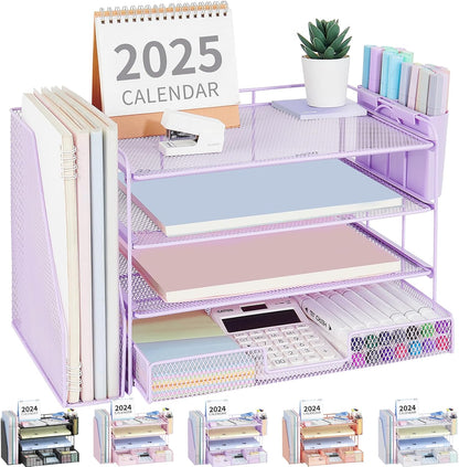Desk Organizers and Accessories, 4-Tier Desktop File Organizer with Drawer and Pen Holders, Office Desk Accessories Workspace Organizers for Office Supplies (Gold)