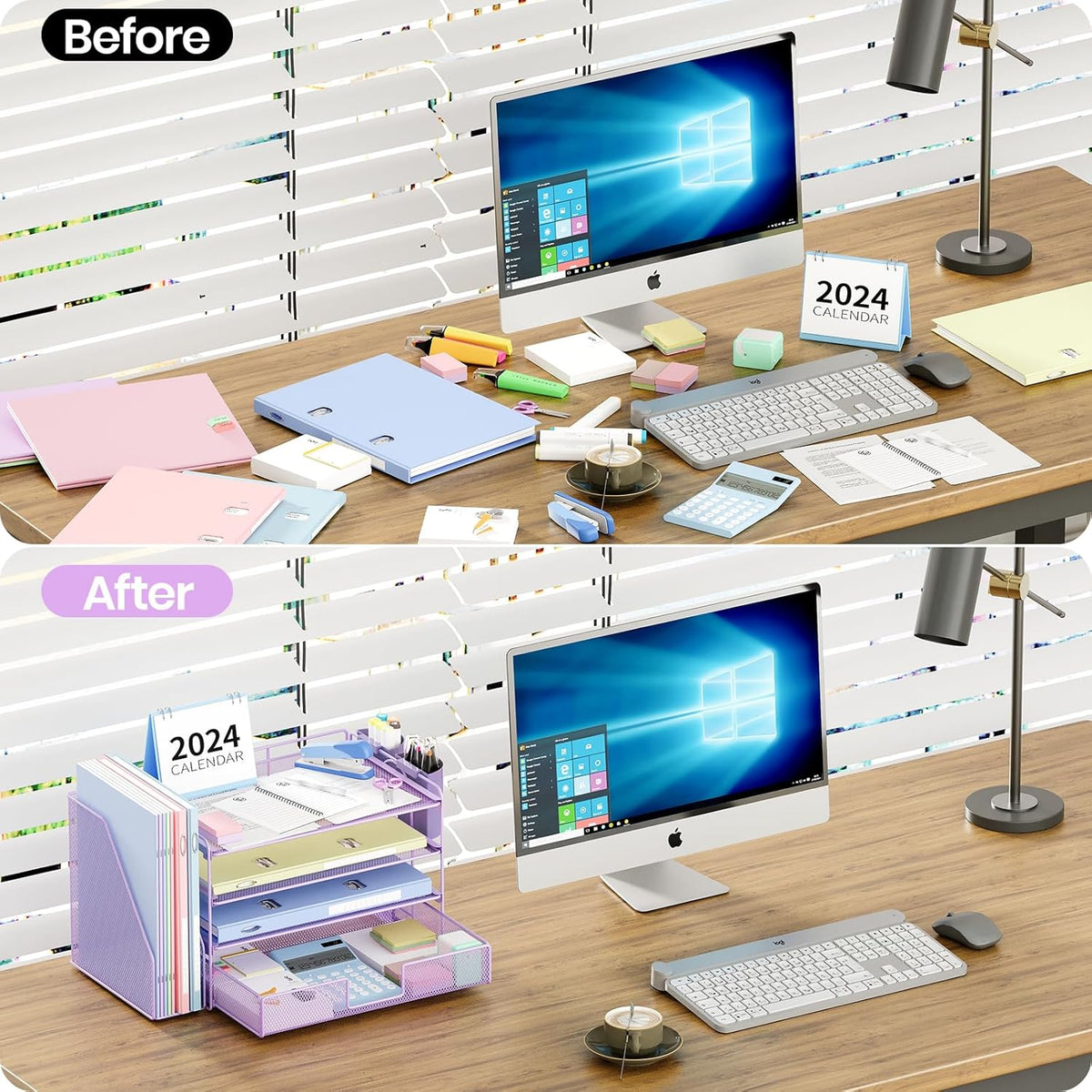 Desk Organizers and Accessories, 4-Tier Desktop File Organizer with Drawer and Pen Holders, Office Desk Accessories Workspace Organizers for Office Supplies (Gold)