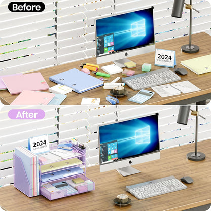 Desk Organizers and Accessories, 4-Tier Desktop File Organizer with Drawer and Pen Holders, Office Desk Accessories Workspace Organizers for Office Supplies (Gold)