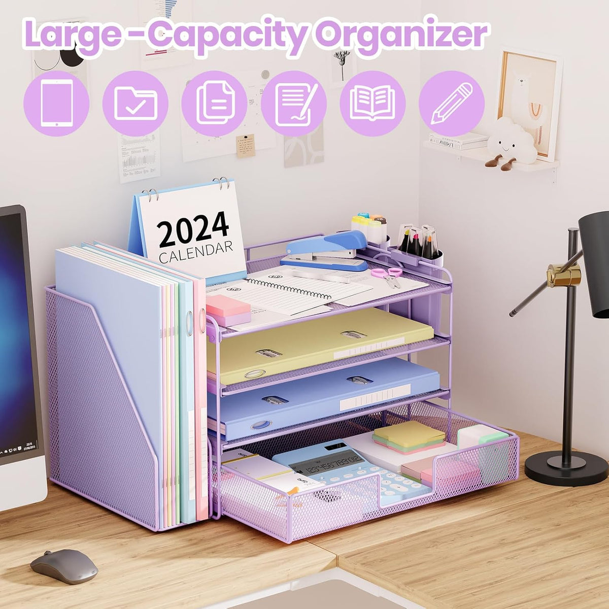 Desk Organizers and Accessories, 4-Tier Desktop File Organizer with Drawer and Pen Holders, Office Desk Accessories Workspace Organizers for Office Supplies (Gold)