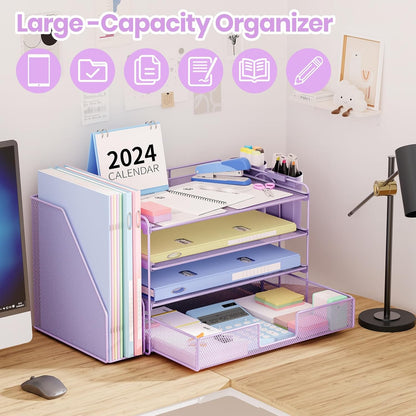 Desk Organizers and Accessories, 4-Tier Desktop File Organizer with Drawer and Pen Holders, Office Desk Accessories Workspace Organizers for Office Supplies (Gold)