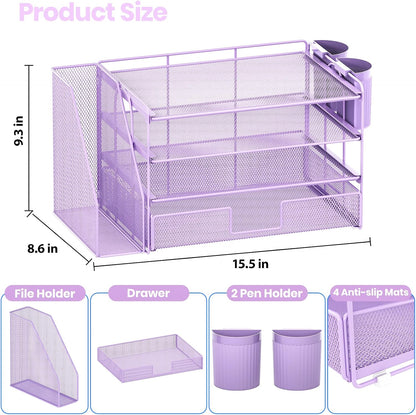 Desk Organizers and Accessories, 4-Tier Desktop File Organizer with Drawer and Pen Holders, Office Desk Accessories Workspace Organizers for Office Supplies (Gold)
